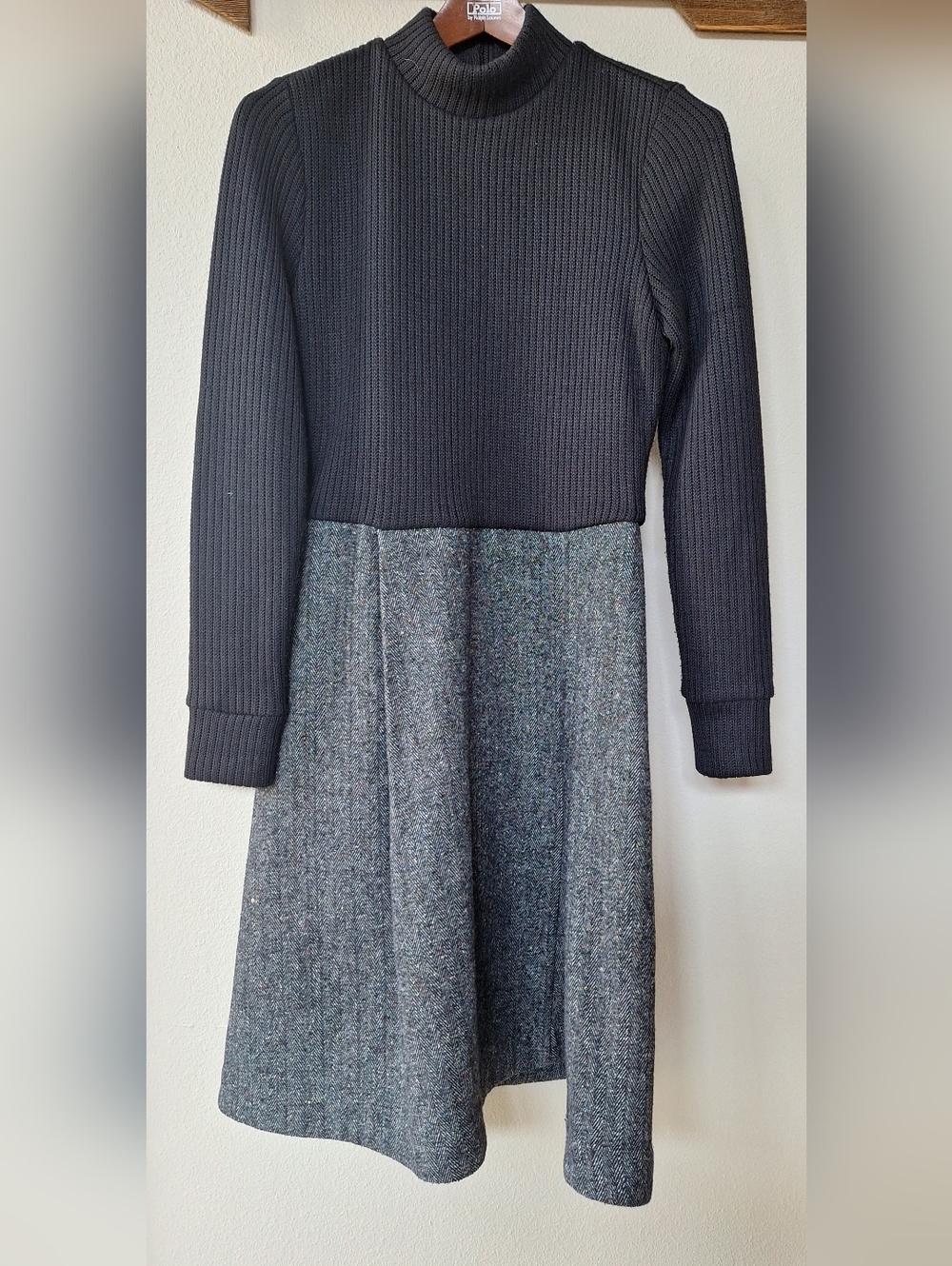 Du Paradis Tweed Mock Neck Sweater Dress Black Gray Knee-length Womens Size S